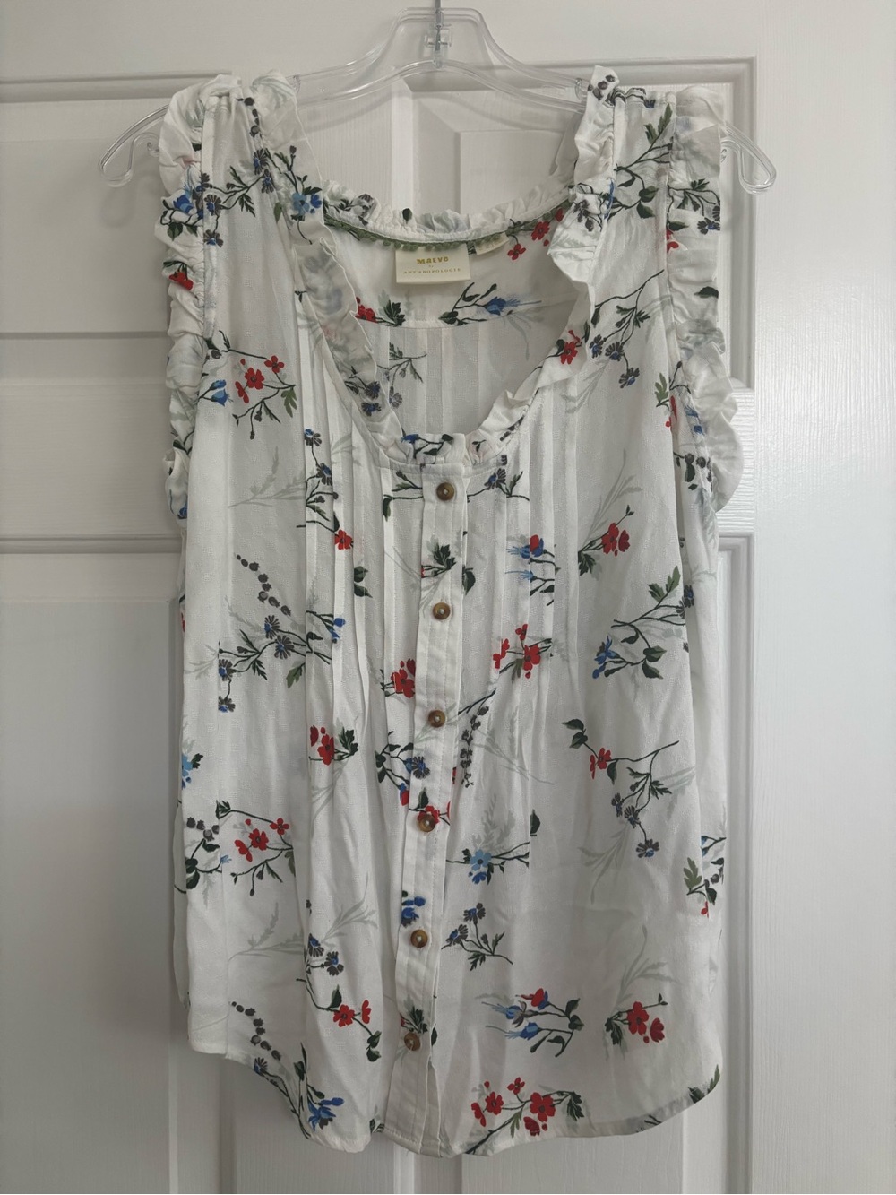 Anthropologie Maeve White Floral Ruffle Button-Front Blouse